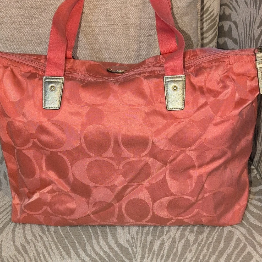 Coach Getaway Nylon Sig Packable Weekender Tote - Coral Pink - Picture 6 of 16